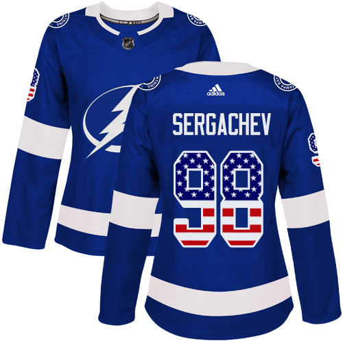 Adidas Lightning #98 Mikhail Sergachev Blue Home Authentic USA Flag Women's Stitched NHL Jersey - Click Image to Close